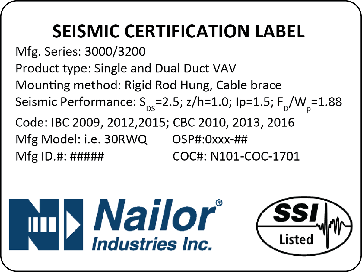 Figure 6:  Sample Seismic label for single and dual duct terminal units with OSHPD certification